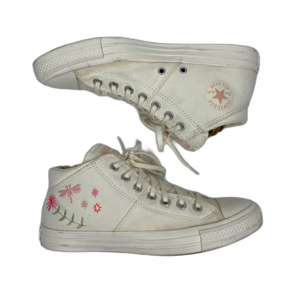 Floral Converse All Star Mid Top Shoes Woman's Size 10 White Embroidered Shoes - Picture 2 of 12